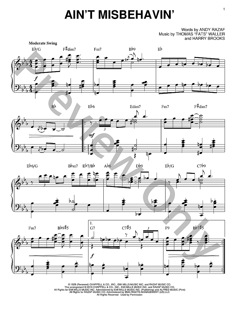 ボーカル　ビッグバンド譜面：Ain't Misbehavin' Ain't Misbehavin Piano Sheet Music | J.W. Pepper
