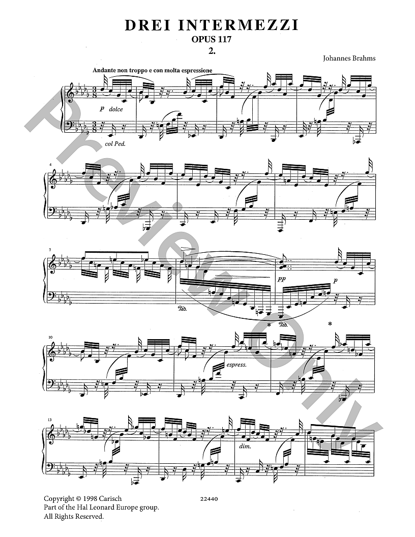 Intermezzo in B Flat Minor Op. 117 #2 Piano Sheet Music | J.W. Pepper