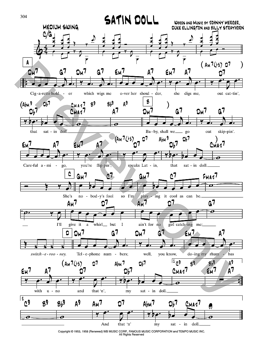 ボーカル　ビッグバンド譜面:Satin Doll Satin Doll Vocal Version P/V/G Sheet Music | J.W. Pepper
